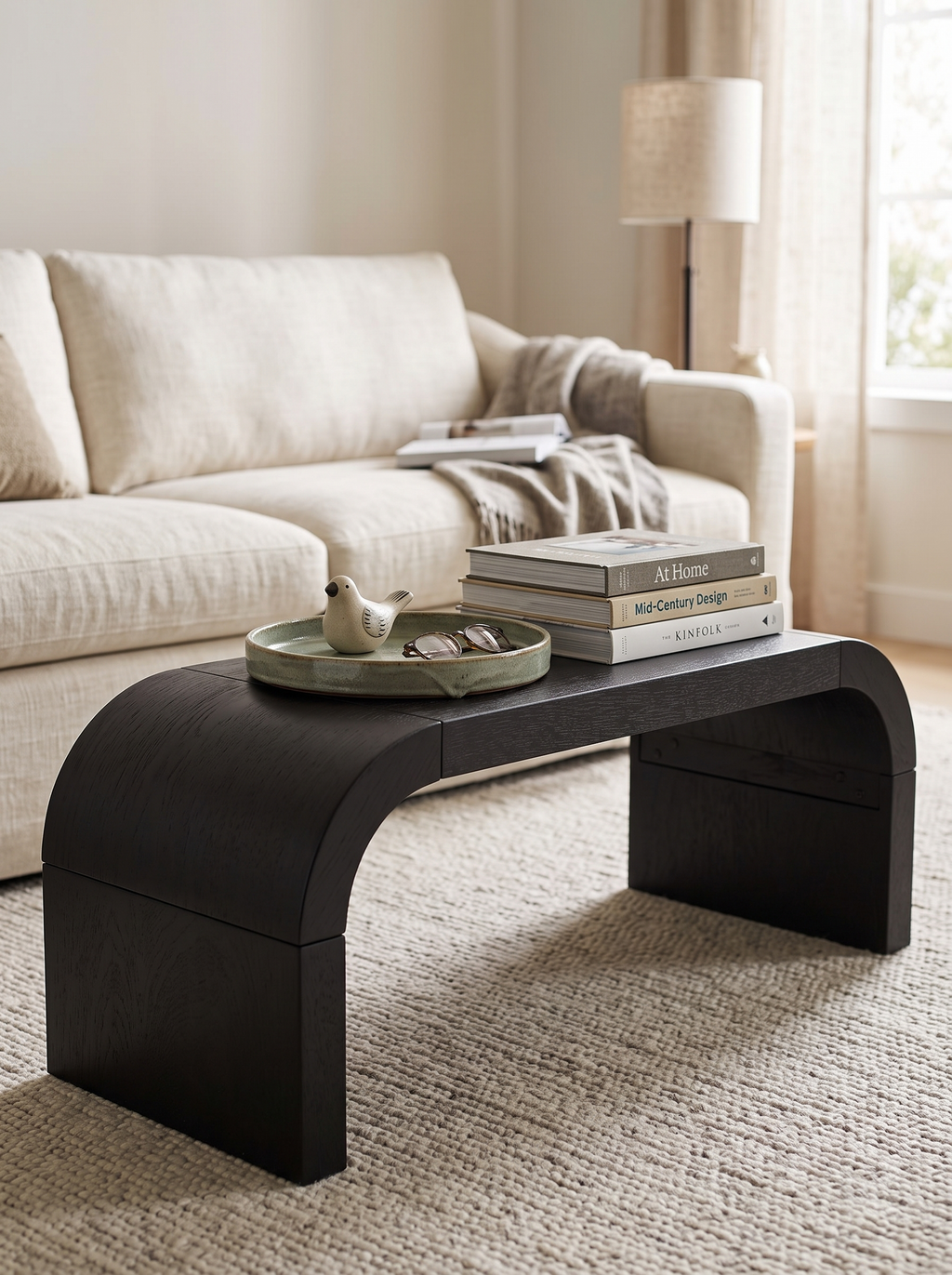 Melanija Curved Coffee Table styled with books and tray