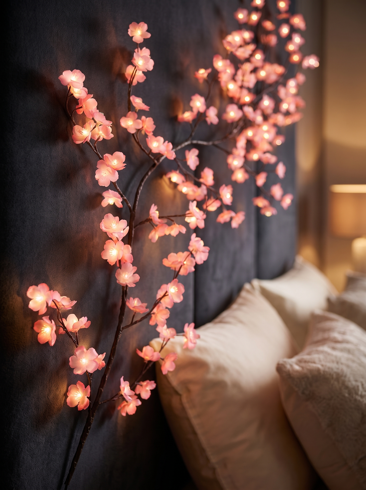 Sakura LED Cherry Blossom Vine Lights, pink, luxury close up on dark velvet headboard