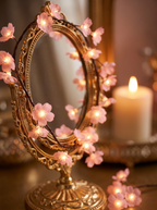 Sakura LED Cherry Blossom Vine Lights, pink, wrapped around gold vanity mirror with candle