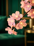 Sakura LED Cherry Blossom Vine Lights, pink, macro blossom detail on emerald velvet