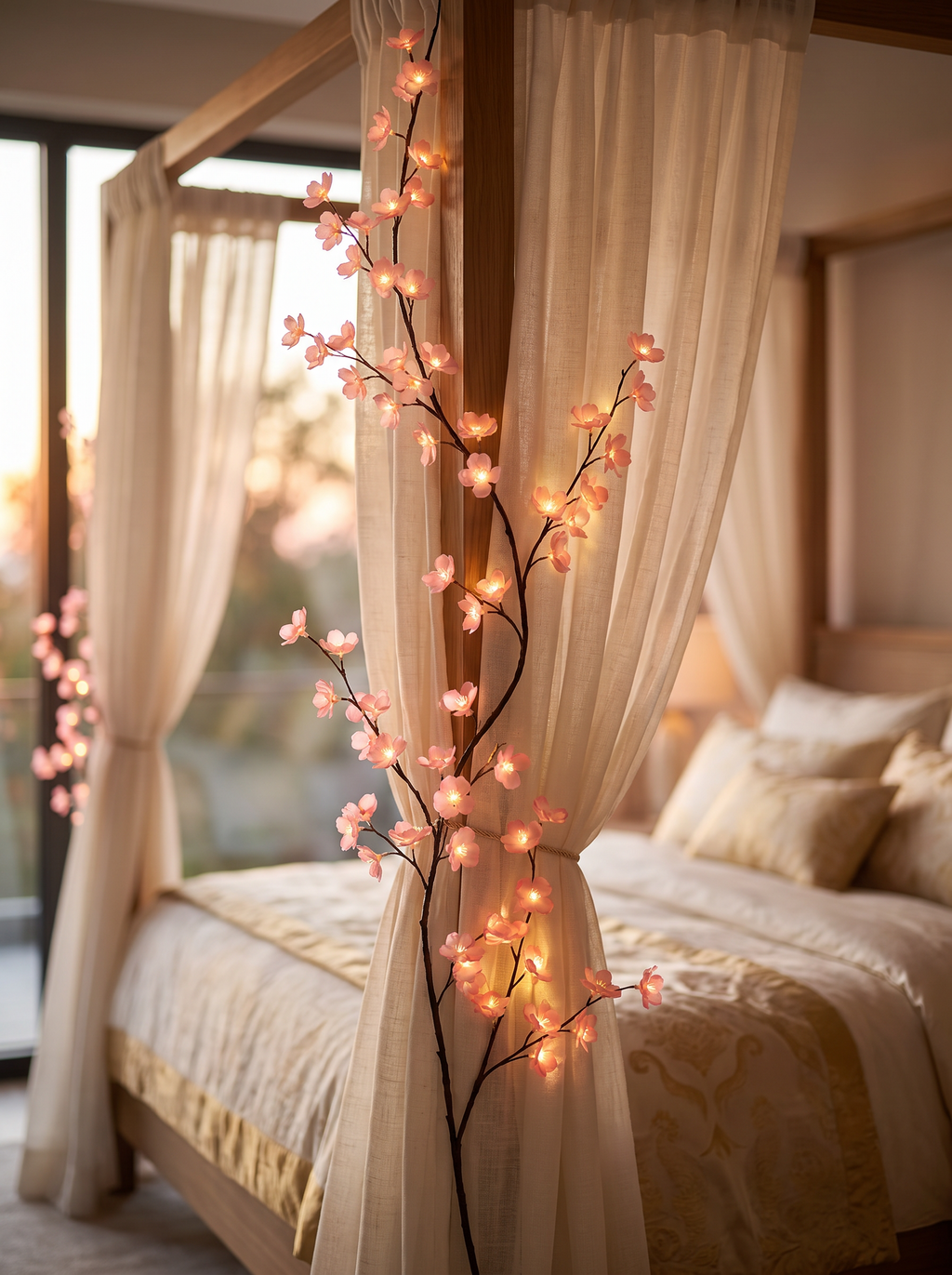 Sakura LED Cherry Blossom Vine Lights, pink, draped on sheer curtain beside canopy bed