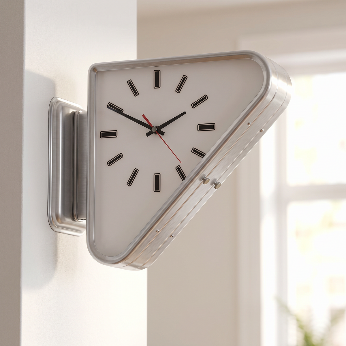 Nova Triangle Double-Sided Corner Wall Clock, close up white dial, chrome trim