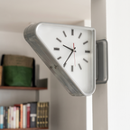 Nova Triangle Double-Sided Corner Wall Clock, white wall corner mount by bookshelf, chrome trim