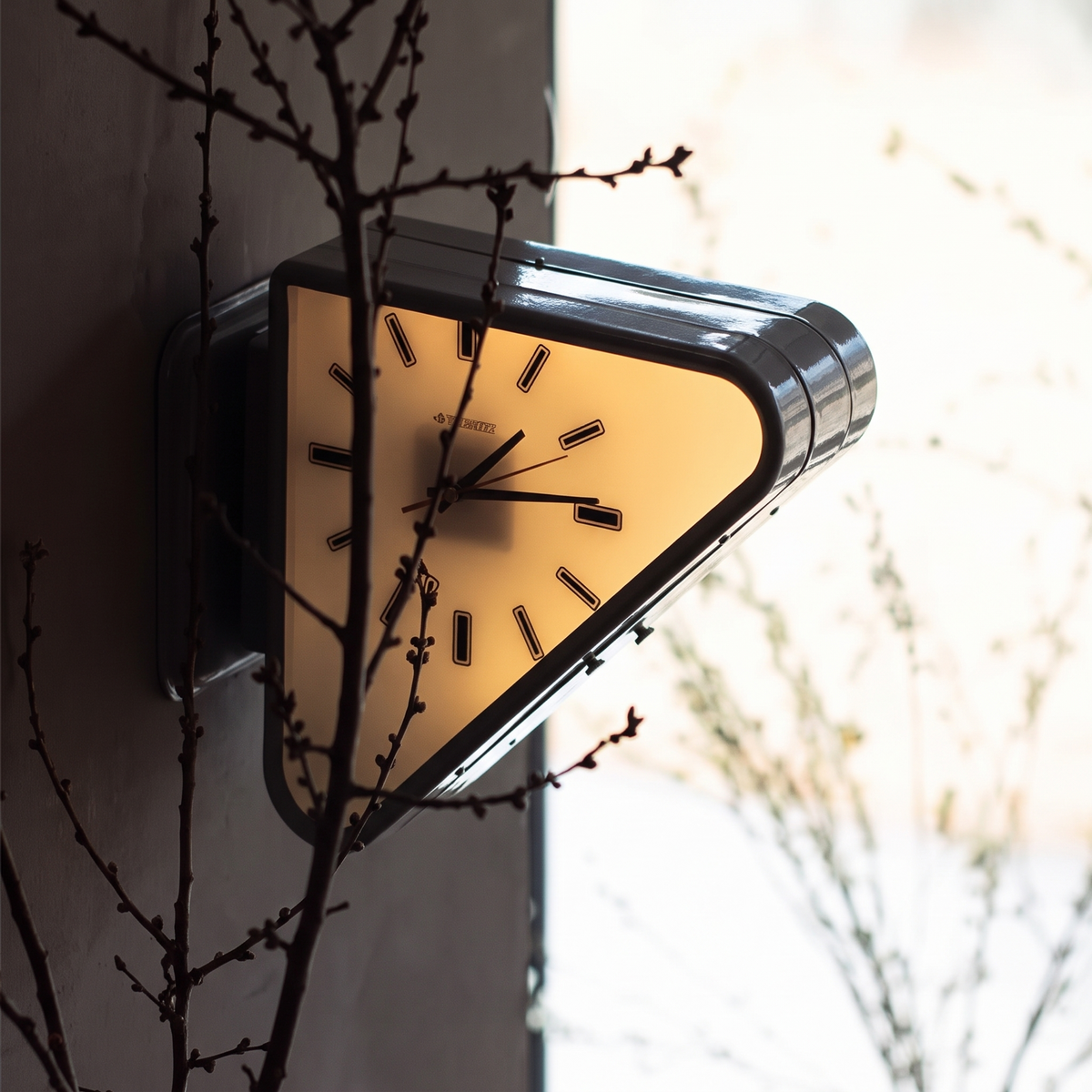 Nova Triangle Double-Sided Corner Wall Clock, golden backlit dial through branches