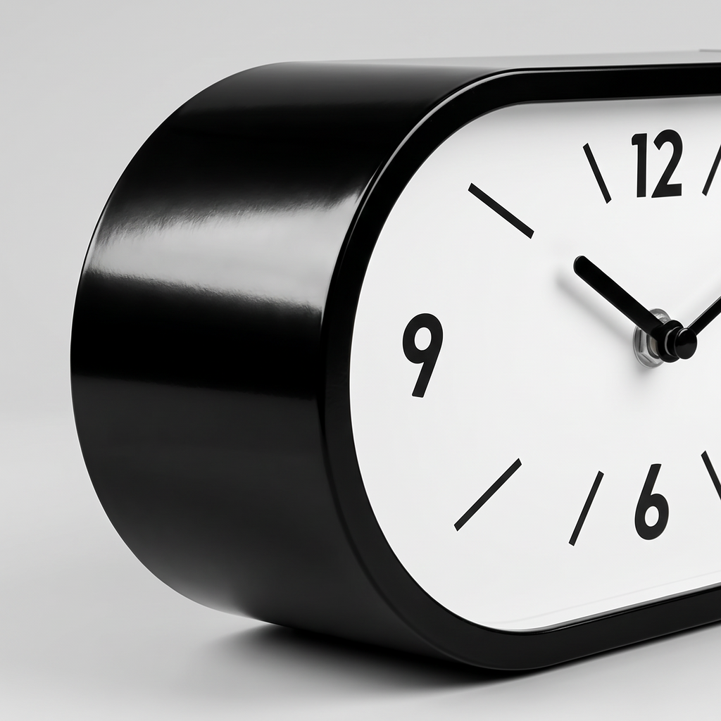 Kellan Black Curved Double-Sided Corner Wall Clock close up of casing and dial