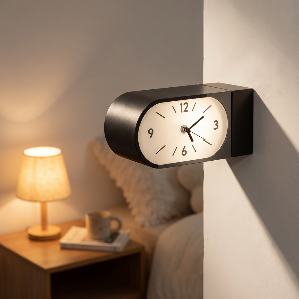 Kellan Black Curved Double-Sided Corner Wall Clock mounted in a bedroom corner