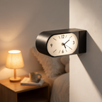 Kellan Black Curved Double-Sided Corner Wall Clock mounted in a bedroom corner