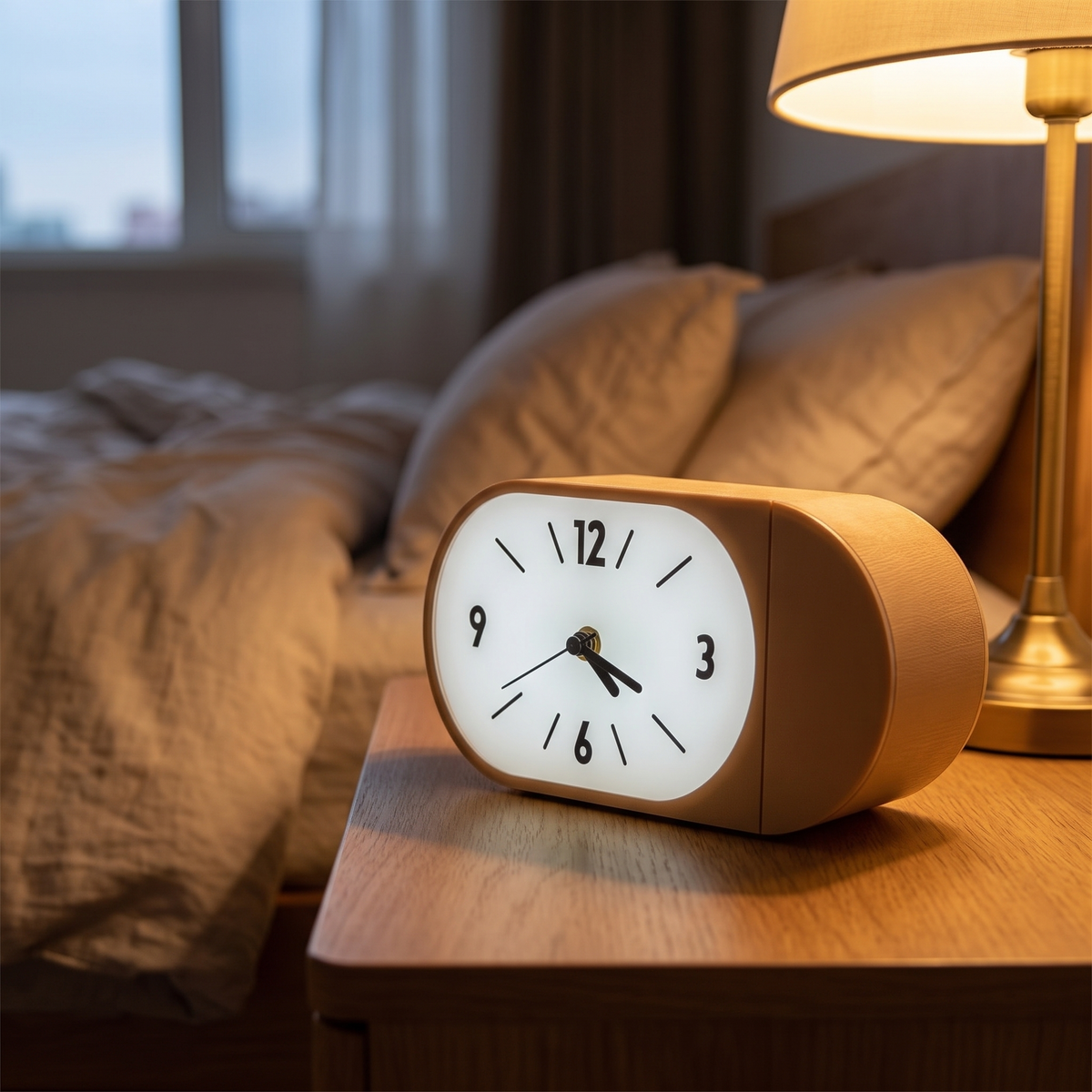 Ember Curved Retro Desk Clock on a nightstand with warm lamp light