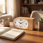 Ember Curved Retro Desk Clock on a sunlit wood desk with notebook and plant