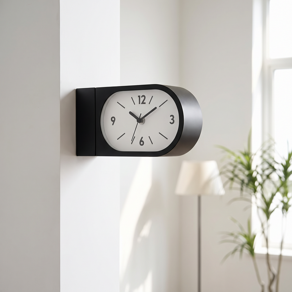 Kellan Black Curved Double-Sided Corner Wall Clock mounted in a minimalist living room