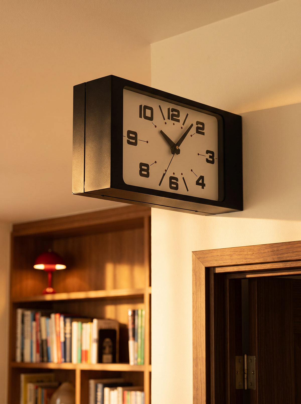 Close up of Harlan double sided clock corner mounted above a cozy bookshelf