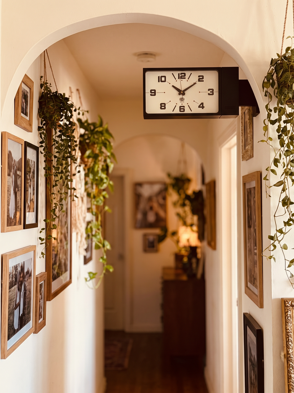 Hallway archway view of Harlan clock mounted on the corner above the doorway