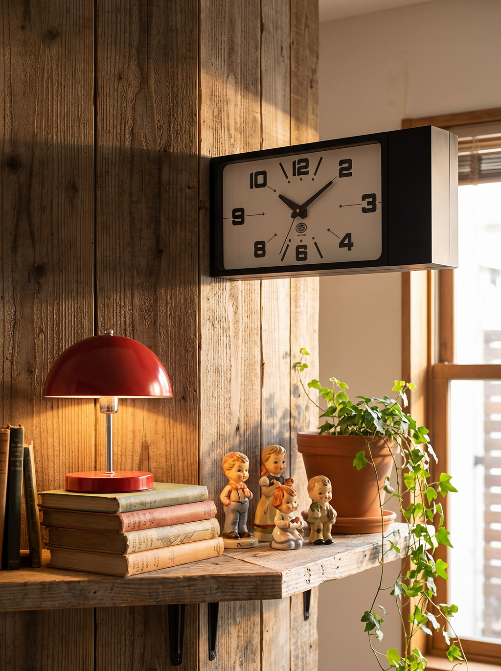 Harlan clock above a styled wooden shelf with books lamp and figurines
