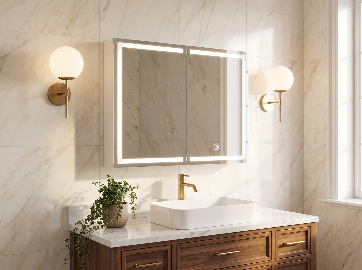 Donnalyn LED mirror medicine cabinet in a warm luxury marble bathroom with walnut vanity and brass sconces