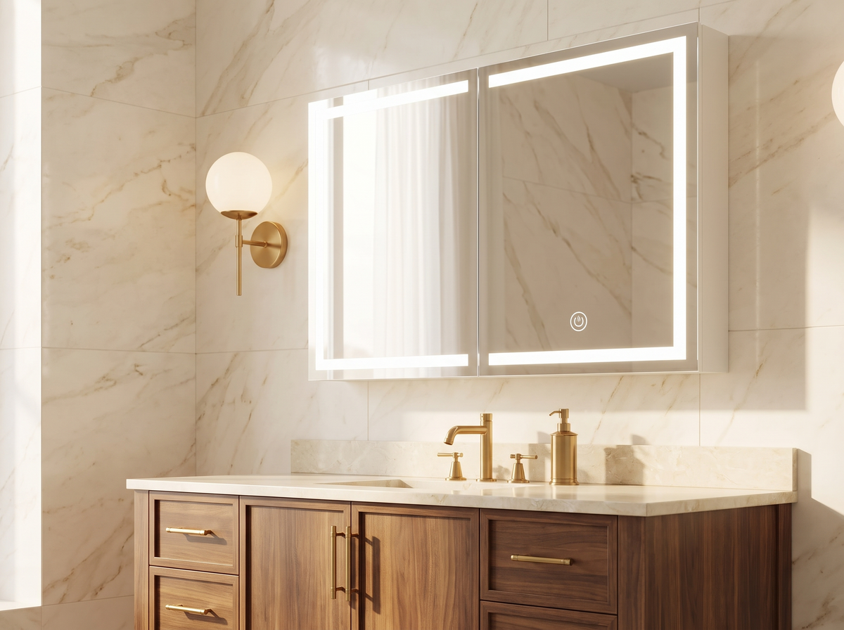 Donnalyn medicine cabinet, wider angle view of the vanity with marble tile and brass fixtures