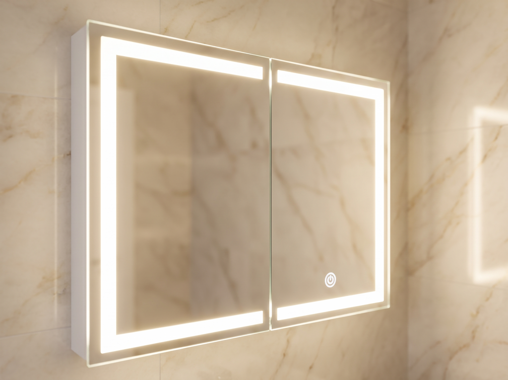 Close up of Donnalyn cabinet's LED light strip glowing around the mirror edges