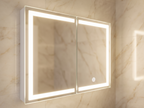 Close up of Donnalyn cabinet's LED light strip glowing around the mirror edges