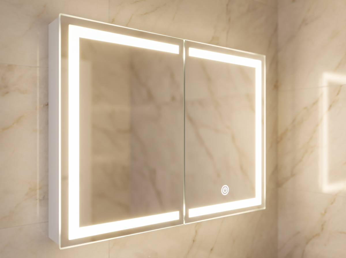 Close up of Donnalyn cabinet's LED light strip glowing around the mirror edges
