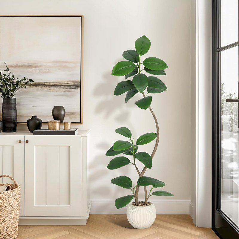 Artificial Rubber Tree with Dual Stems in Beige Planter - 6 Ft/180cm Tall Faux Plant with Green Leaves
