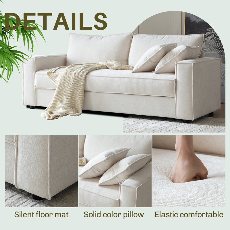 Traditional Upholstered Standard Sofa with Square Armrests and 2 Throw Pillows