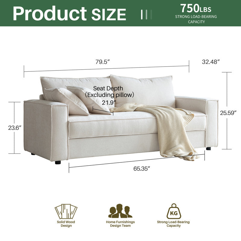 Traditional Upholstered Standard Sofa with Square Armrests and 2 Throw Pillows
