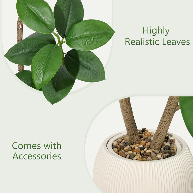 Artificial Rubber Tree with Dual Stems in Beige Planter - 6 Ft/180cm Tall Faux Plant with Green Leaves