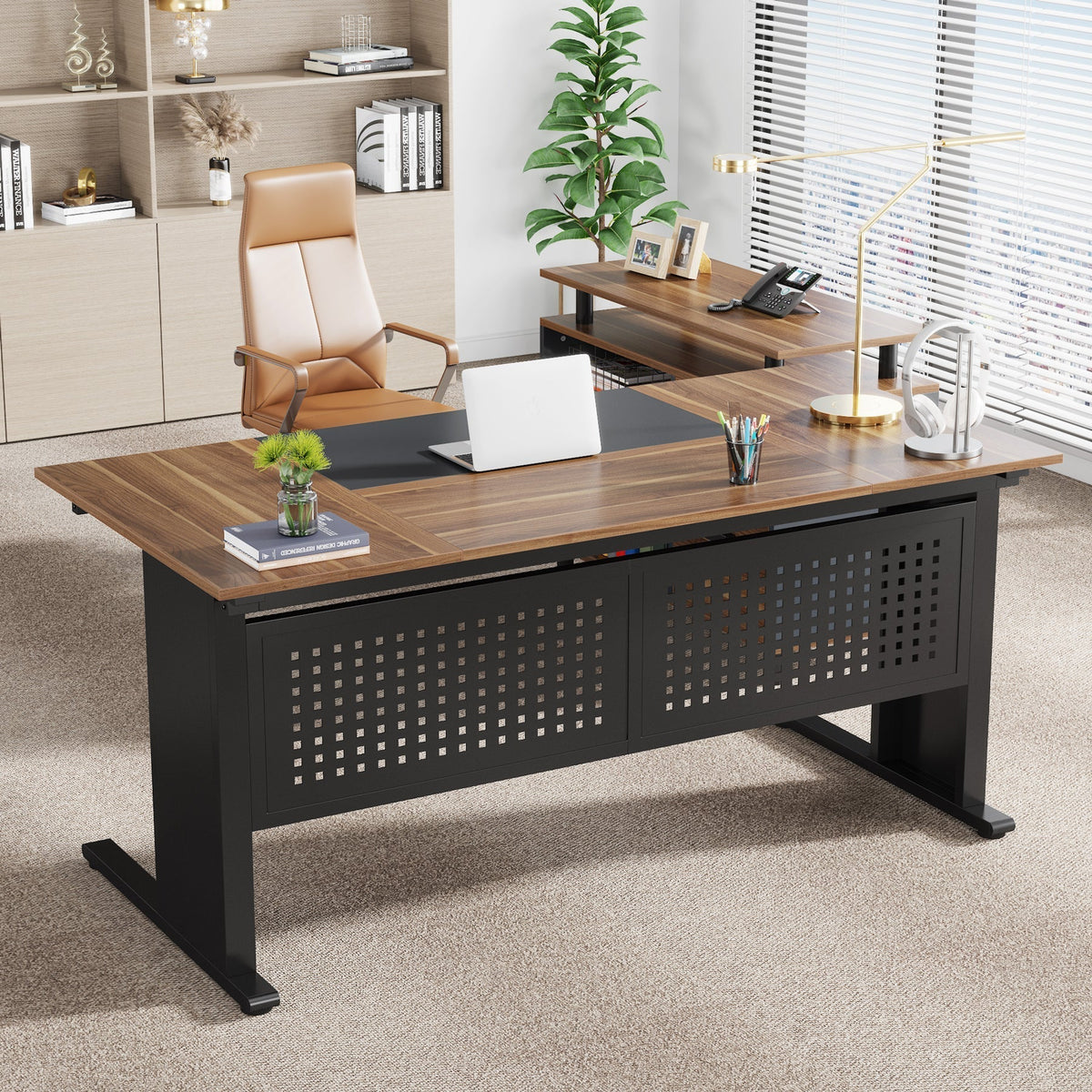 Industrial L-Shaped Desk with File Cabinet