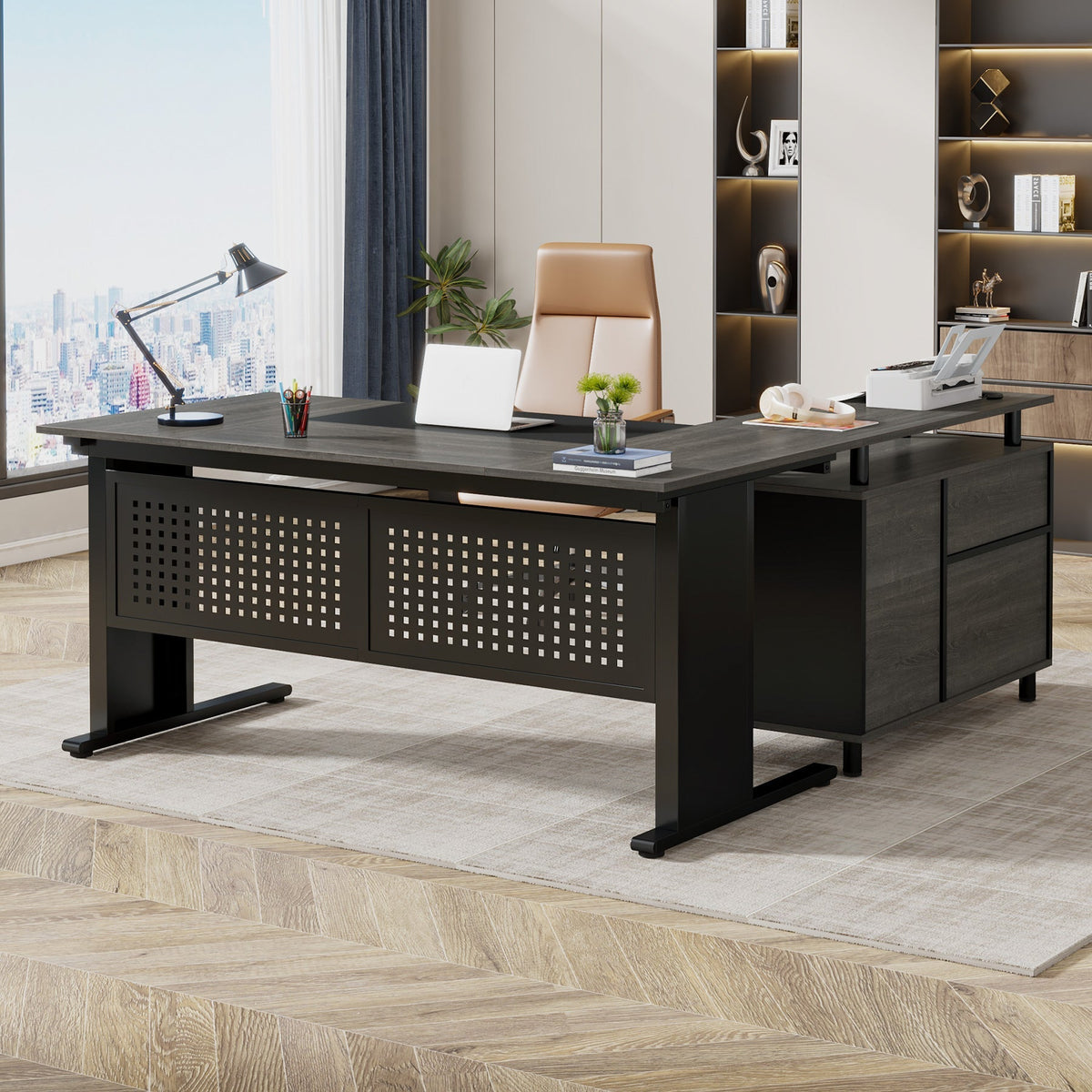Industrial L-Shaped Desk with File Cabinet