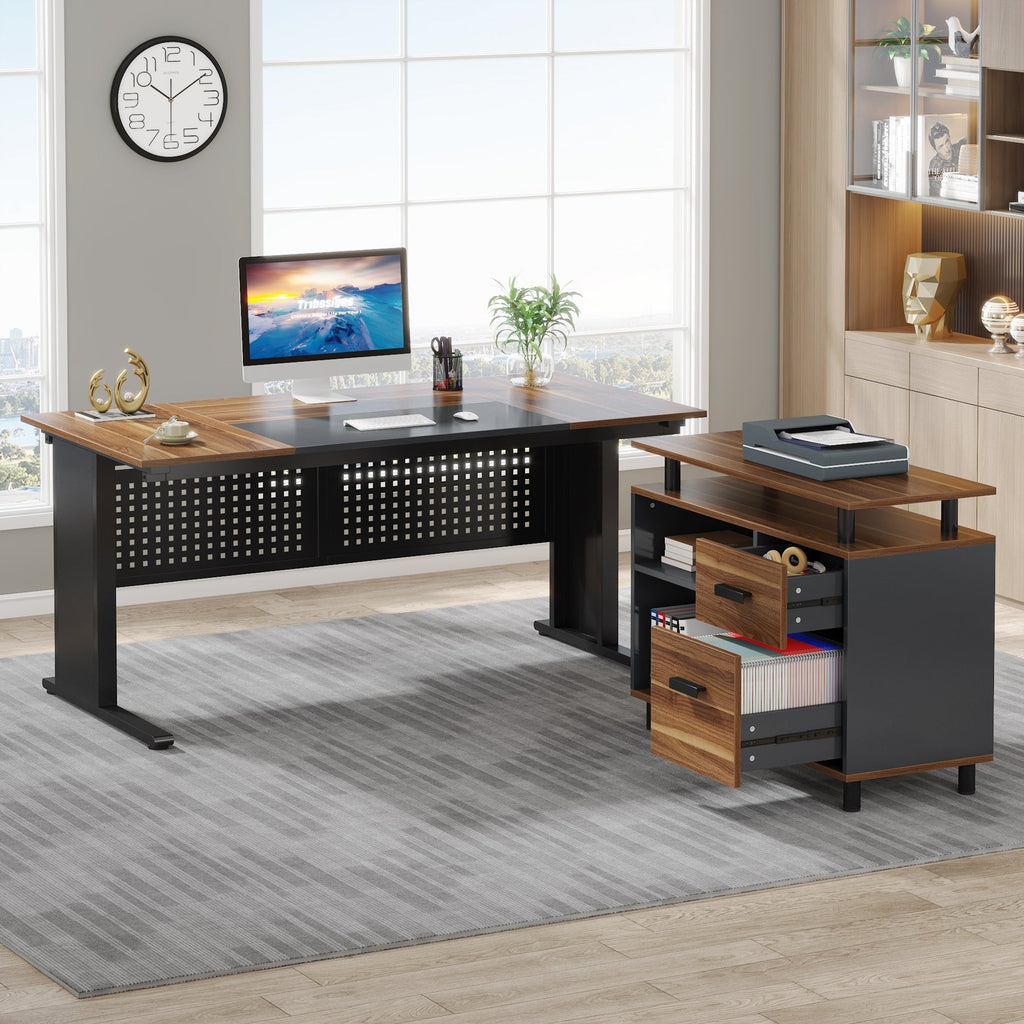Industrial L-Shaped Desk with File Cabinet