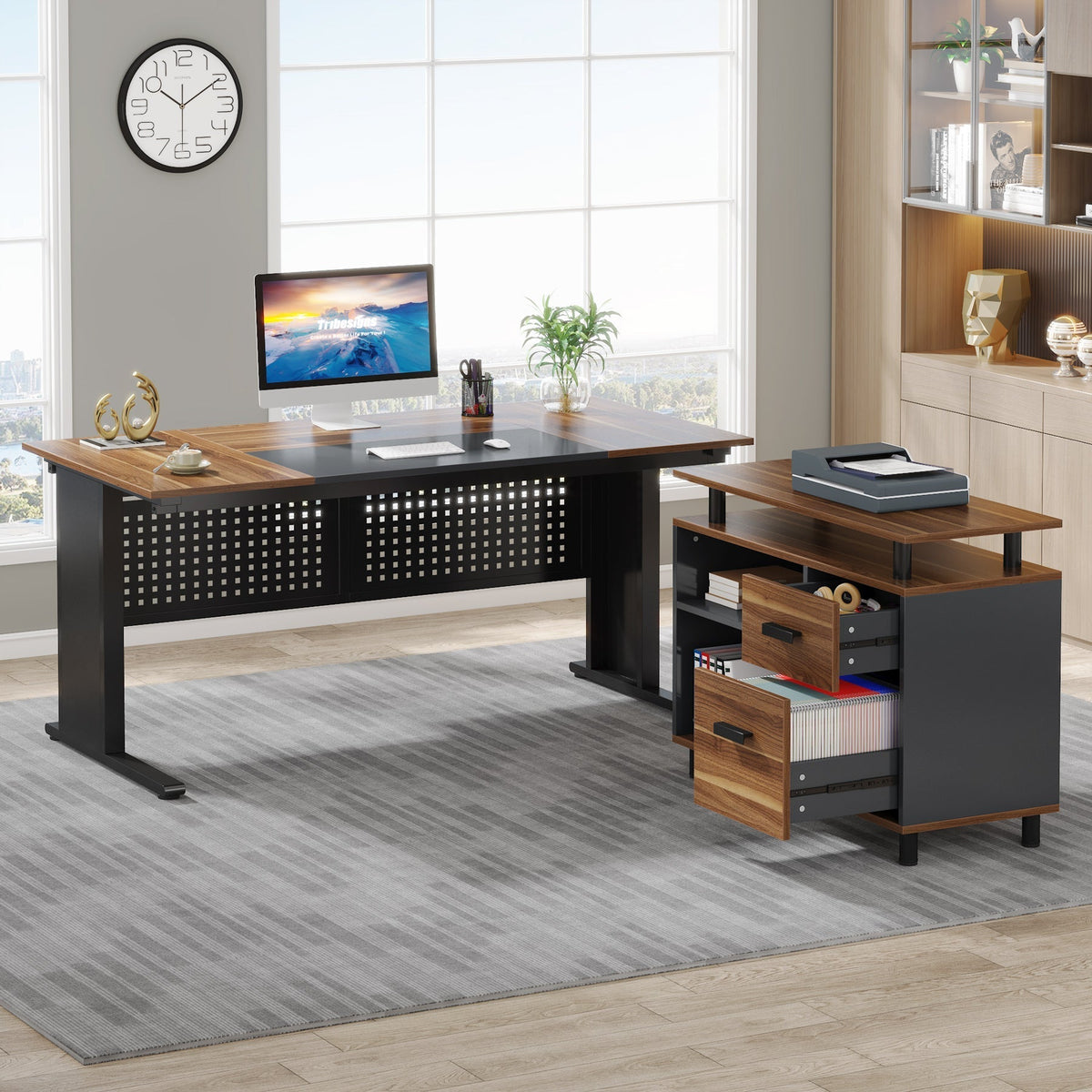 Industrial L-Shaped Desk with File Cabinet