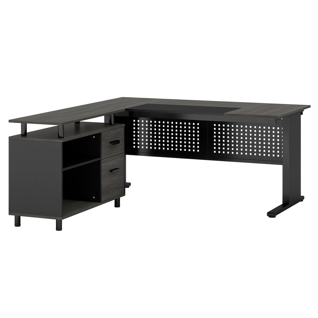 Industrial L-Shaped Desk with File Cabinet