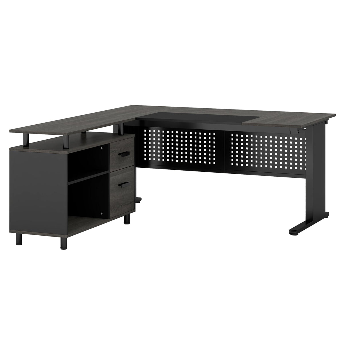Industrial L-Shaped Desk with File Cabinet