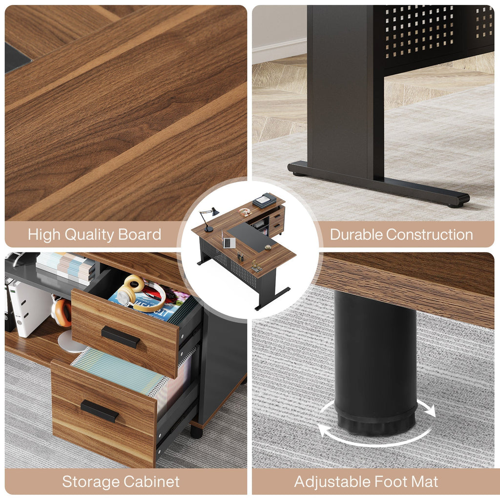 Industrial L-Shaped Desk with File Cabinet
