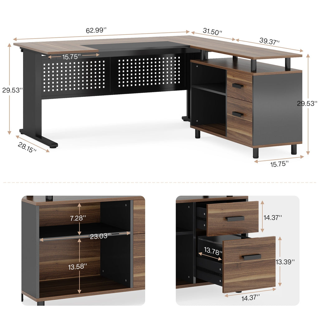 Industrial L-Shaped Desk with File Cabinet