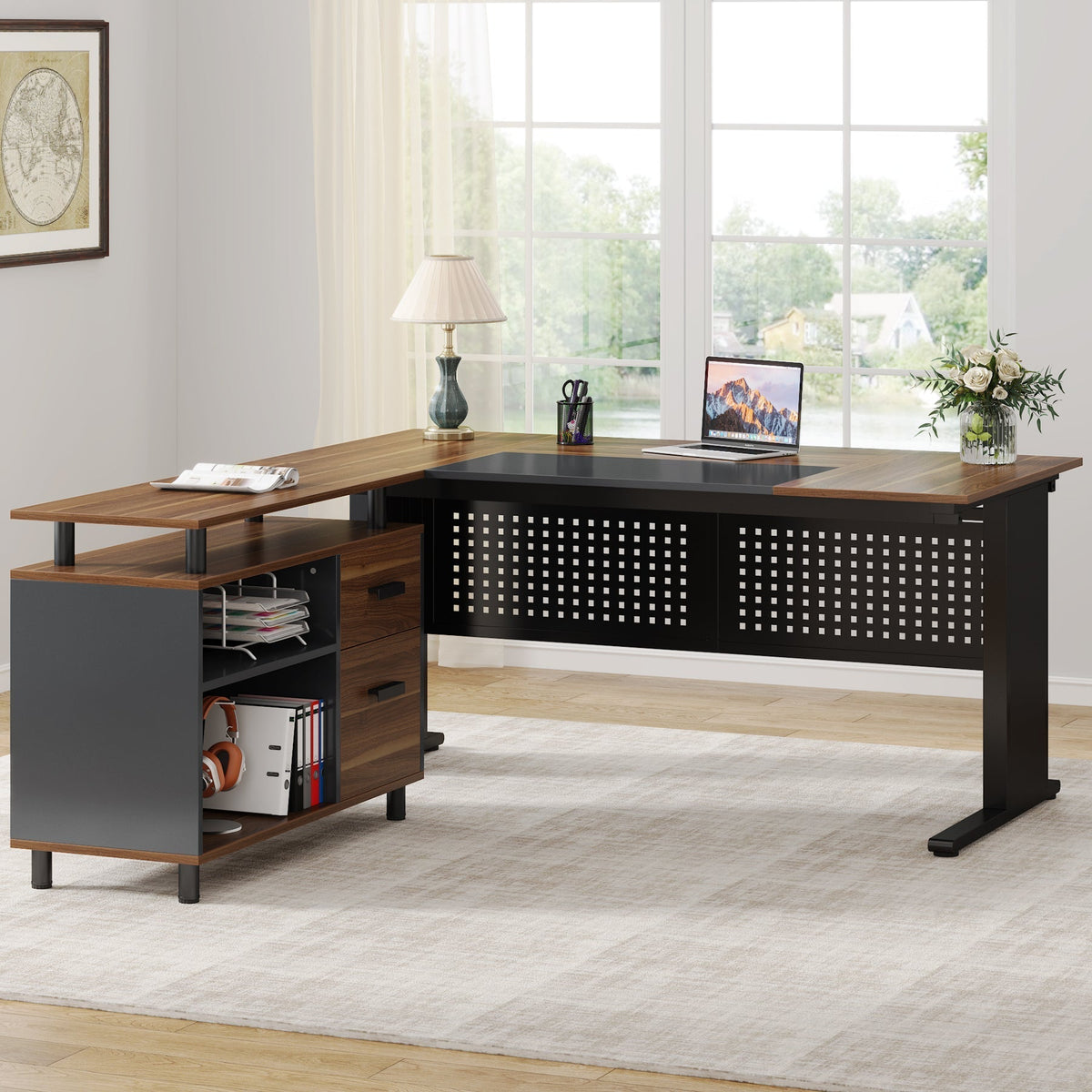 Industrial L-Shaped Desk with File Cabinet