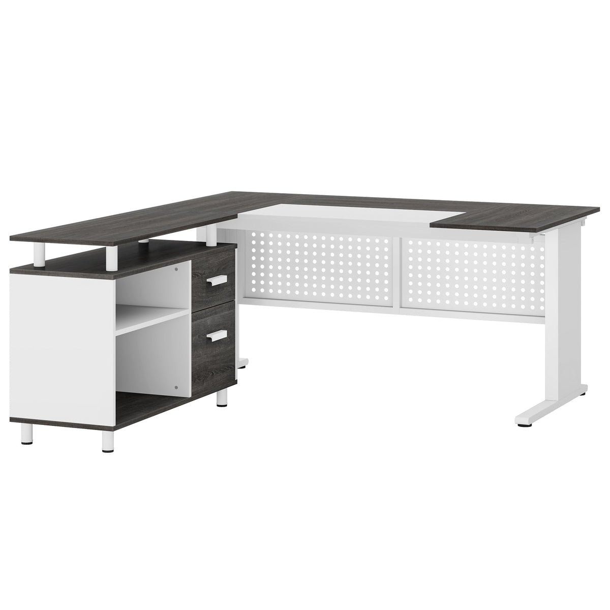 Industrial L-Shaped Desk with File Cabinet