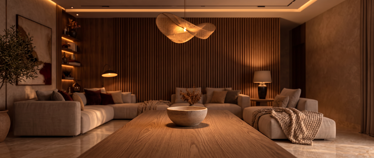 Warm evening living space with sculptural lighting